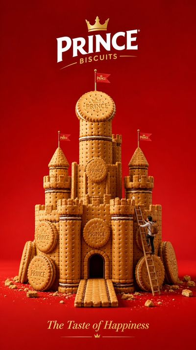 A tiny explorer climbs the golden biscuit castle walls