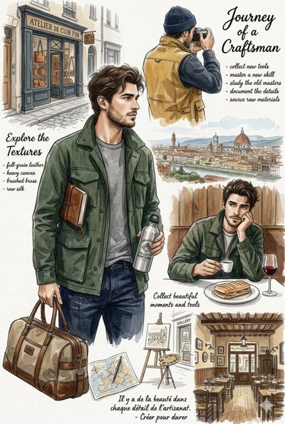 A young craftsman explores Florence with leather bag and water bottle