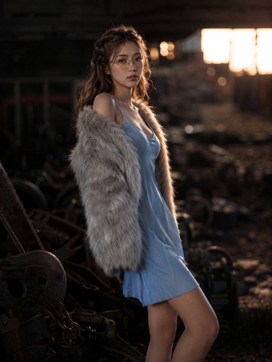 Elegant woman in grey fur coat poses amid abandoned machinery.