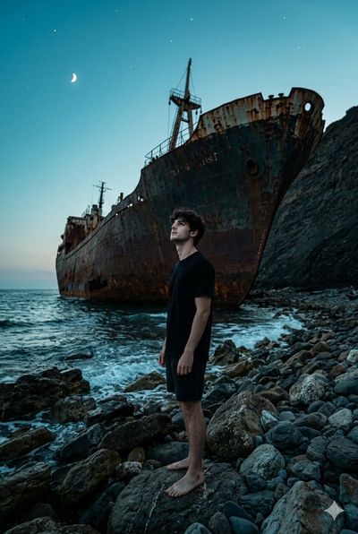 Man Stares at Shipwreck in Twilight's Gripping Moment