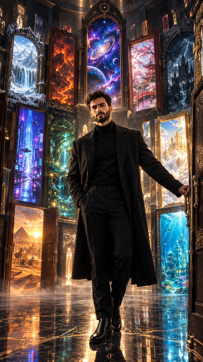 Young man stands amid many doors opening to other worlds