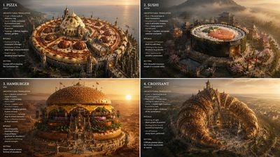 Italian pizza crust forms temple walls under sunset glow