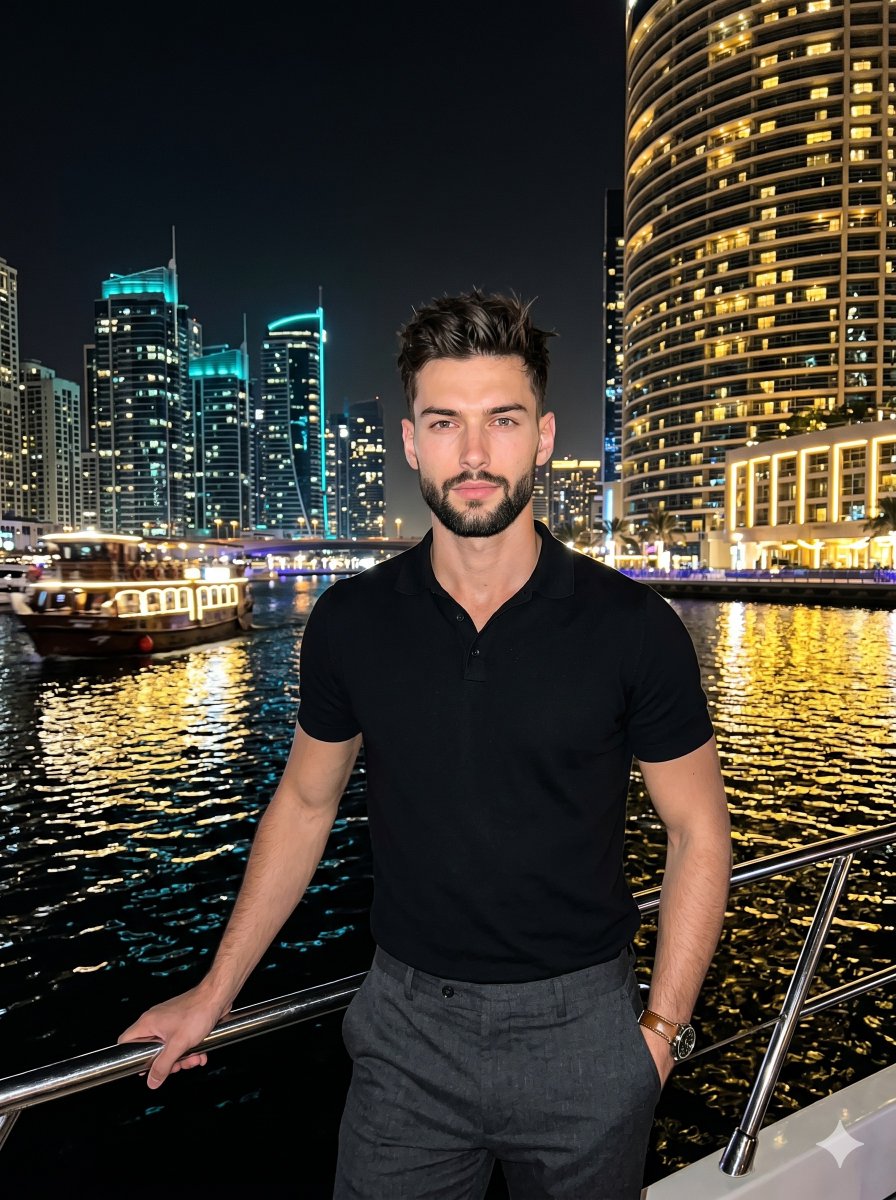 Confident man in black polo poses at glowing marina railing