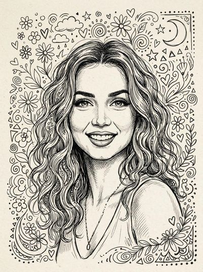 Whimsical Ink Portrait with Playful Doodles