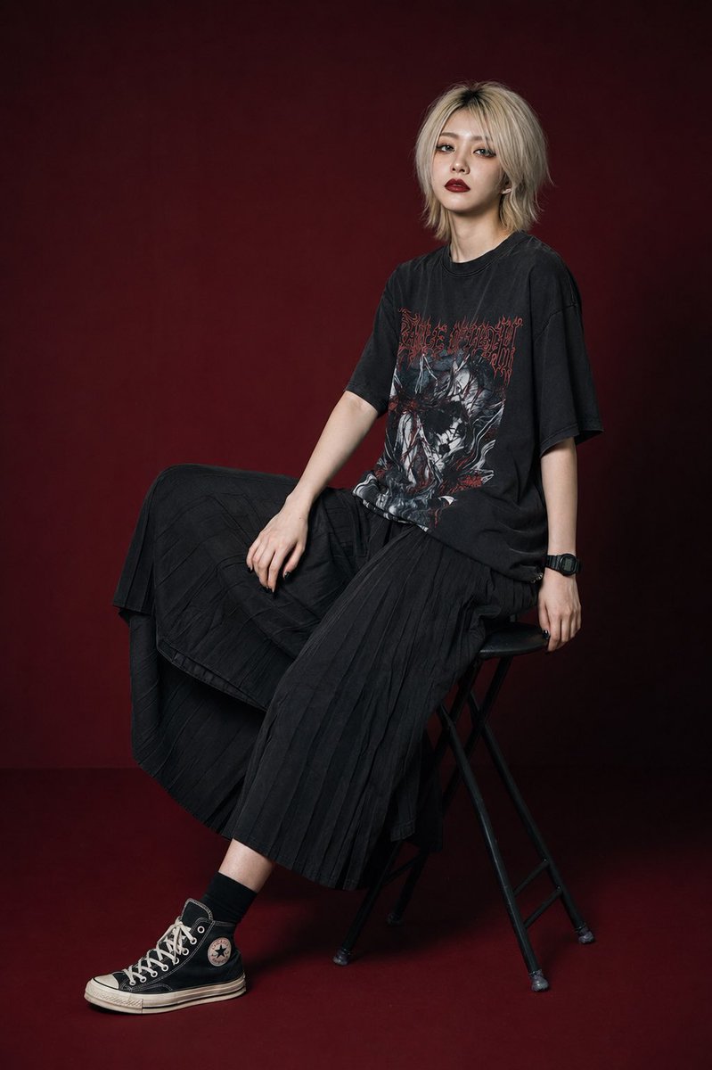 Young woman in gothic streetwear poses with melancholic gaze on stool