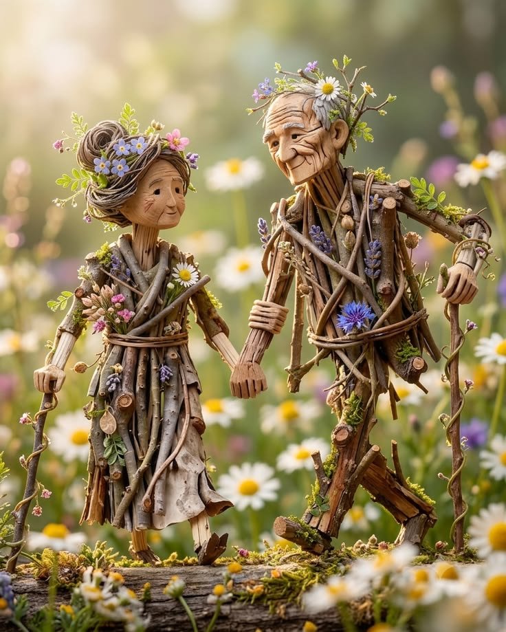 Elderly Twig Couple Walks Hand in Hand Through Wildflower Meadow