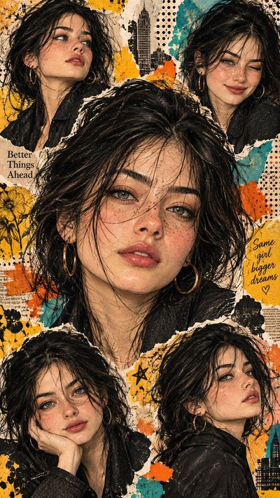 Same woman in multiple poses within a vibrant collage portrait