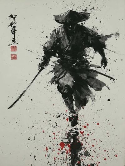A lone samurai strides through dark ink and shadow.