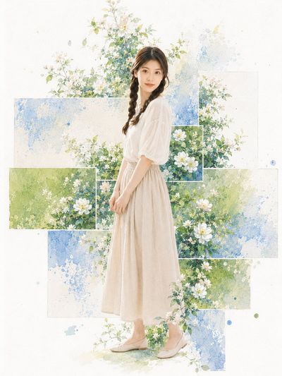 A serene portrait framed by soft watercolor garden collages