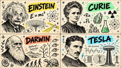 Loose Ink Sketch Portraits of Four Iconic Scientists on Aged Paper Grid