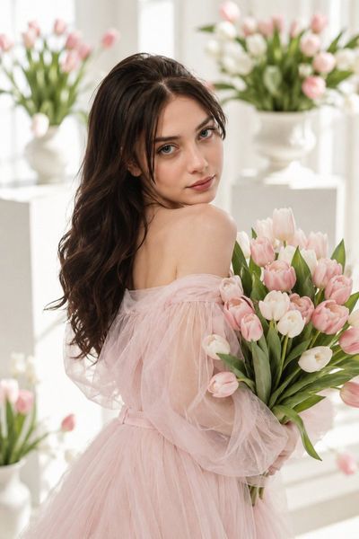 Model in tulle dress glances over shoulder amid white tulips