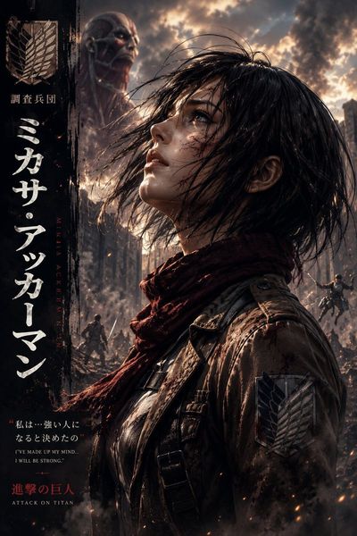 A scarred female soldier gazes at the sky amid drifting ash.