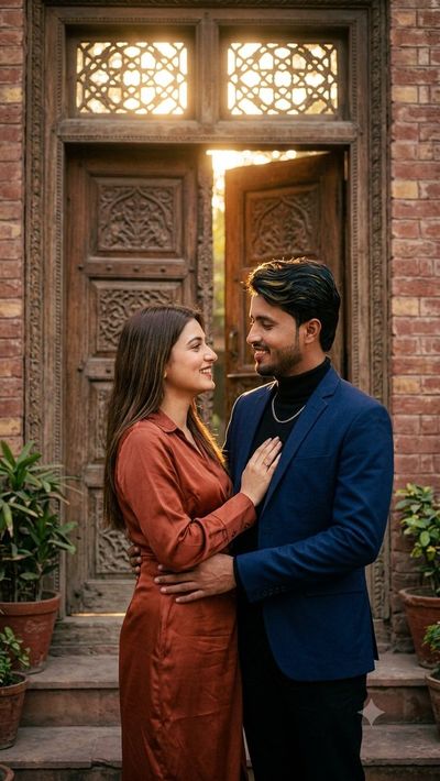 A couple shares a romantic moment by a wooden doorway