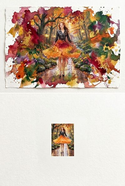 Vibrant Impasto Woman Twirling in Autumn Park with Gold Leaf