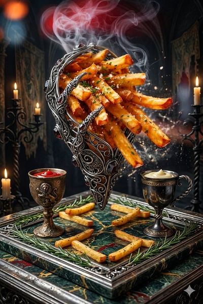 Crispy golden fries burst from a gothic gauntlet cone in dark chamber.
