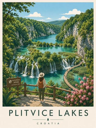 A lone traveler admires turquoise waterfalls from a wooden viewpoint