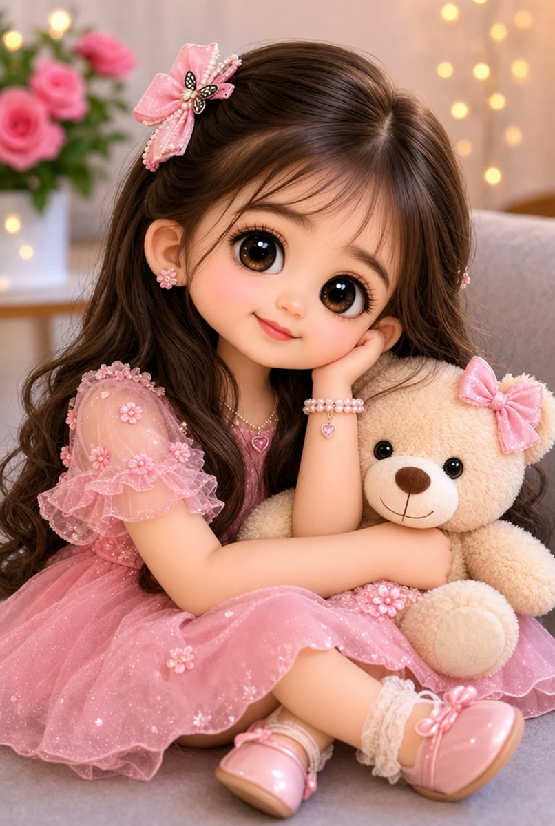 A chibi doll portrait keeps the original face with oversized eyes