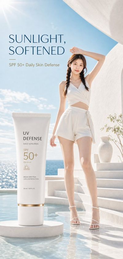 A woman applies SPF 50 sunscreen in a bright coastal studio setting