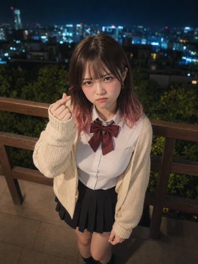 A woman with purple eyes makes a finger heart on a balcony.