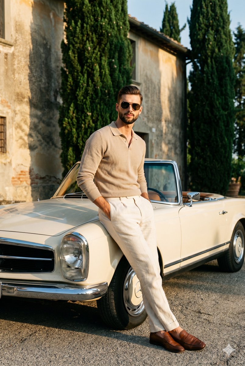 A confident model leans against a vintage Mercedes convertible