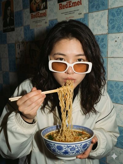 Woman in white track jacket eats ramen with wooden chopsticks