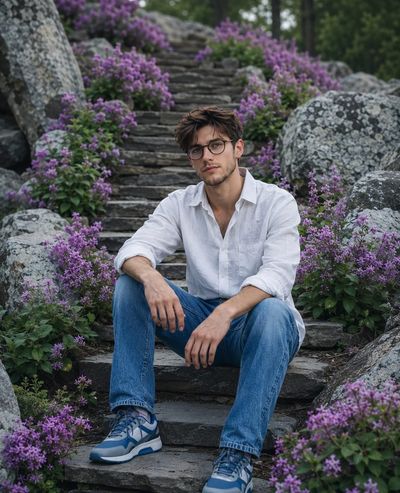 Young man sits on stone steps surrounded by purple wildflowers