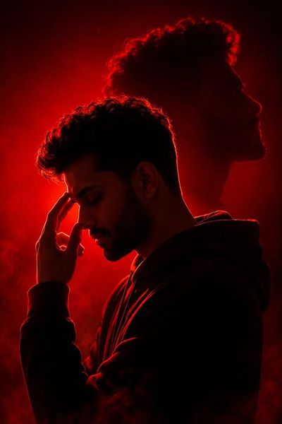 A young man in a red silhouette touches his temple in thought.