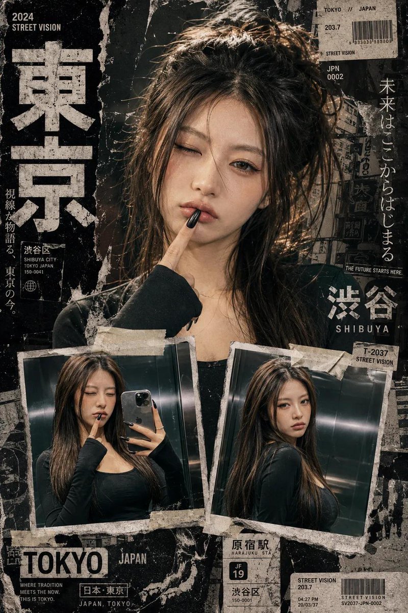 A cinematic close-up portrait anchors an edgy Tokyo collage poster.