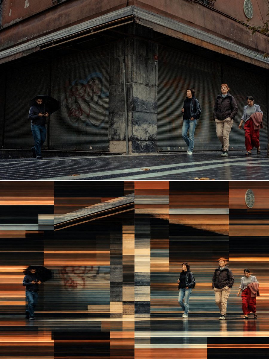 Urban Scene Split by Bold Horizontal Glitch Bands