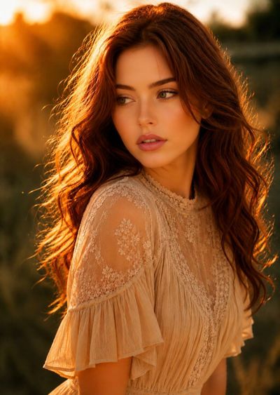 Auburn-haired woman in lace dress glows in golden sunset field.