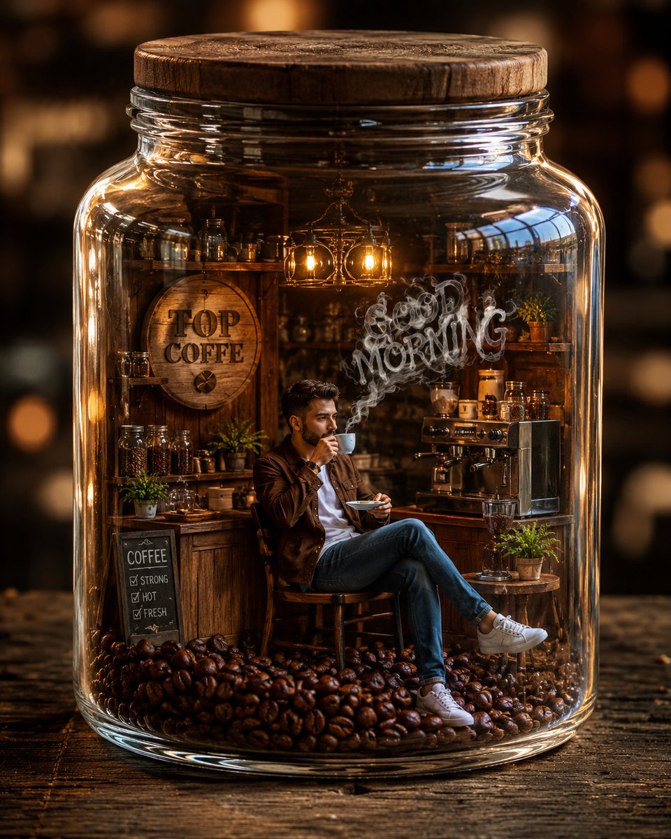 A man sips coffee inside a glass jar coffee shop