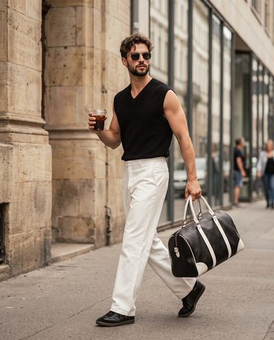 Confident man walks European street with iced coffee and duffel bag