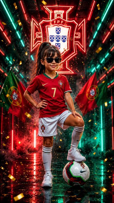 Young Portugal fan strikes a confident pose in futuristic tunnel