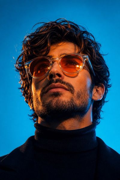 A man in a turtleneck looks up with intense orange sunglasses