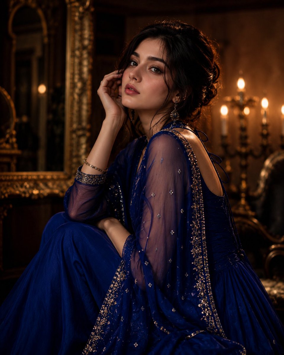 Graceful South Asian woman glows in royal blue amidst candlelight
