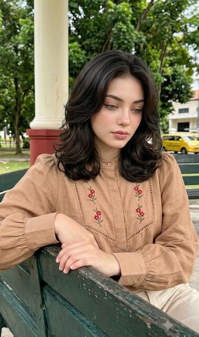 Woman with hazel eyes sits on green bench in sunlit park