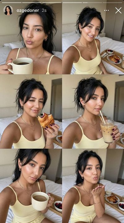 Woman in butter-yellow pajamas takes playful morning selfies