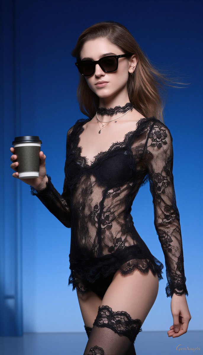 Sheer lace bodysuit glows against rich cerulean blue backdrop