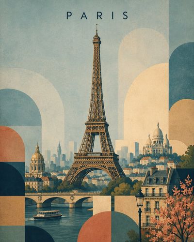 Vintage travel poster depicts the Eiffel Tower over Paris rooftops