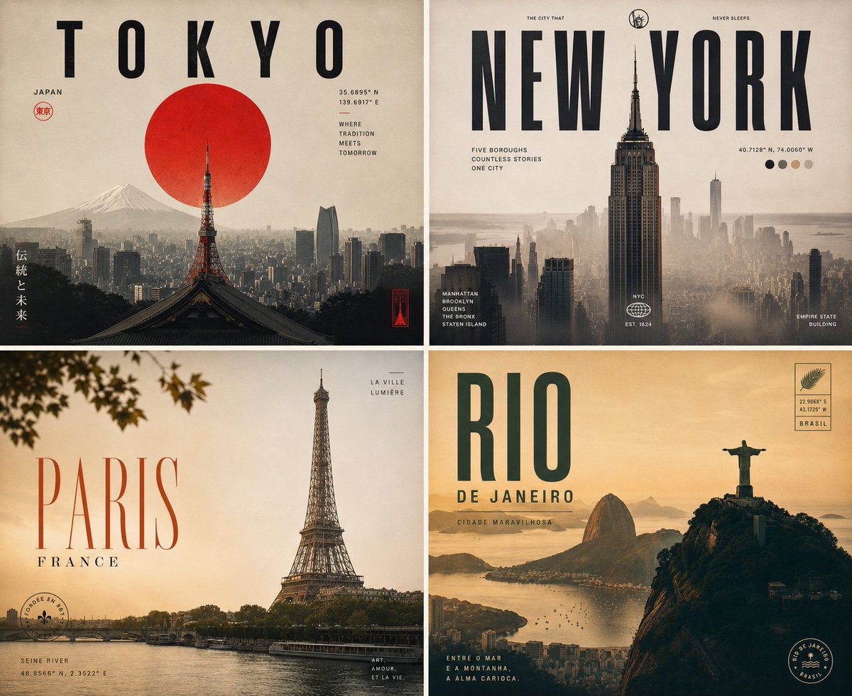 Four iconic cities unite in a vintage travel poster collage