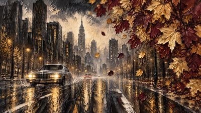 Impasto Oil Painting of a Rainy City Avenue with Golden Leaves