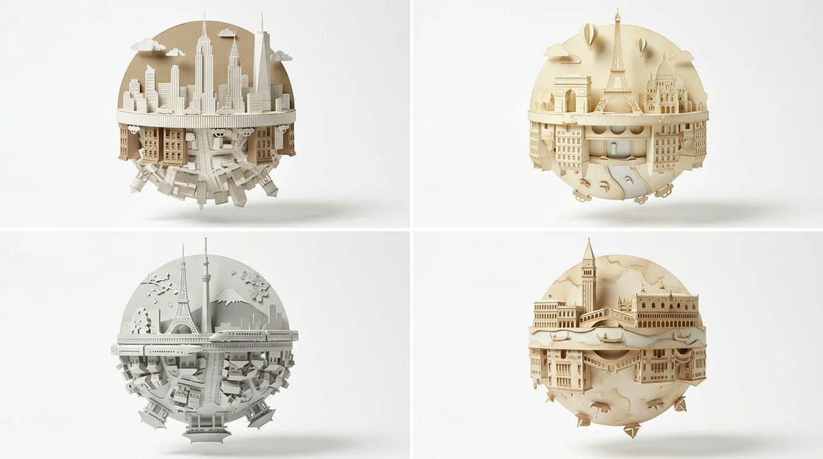 Papercraft planet of Paris floats with Eiffel Tower skyline