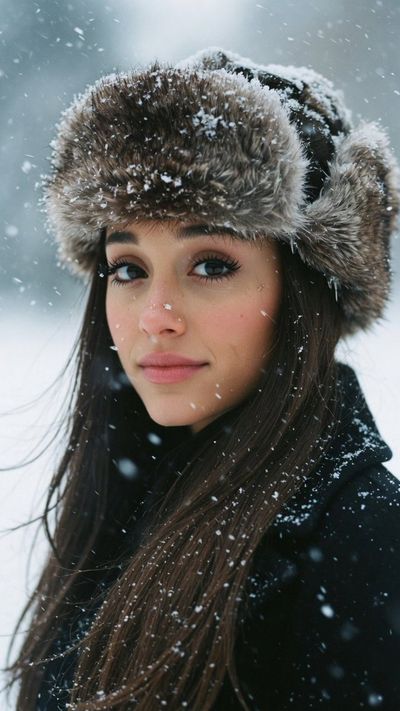 Ariana Grande wears a fur hat as snowflakes rest on her face