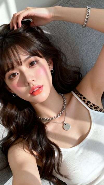 Young woman photographs her peaceful pose on soft gray couch