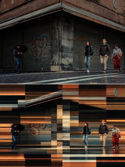 Urban Scene Split by Bold Horizontal Glitch Bands
