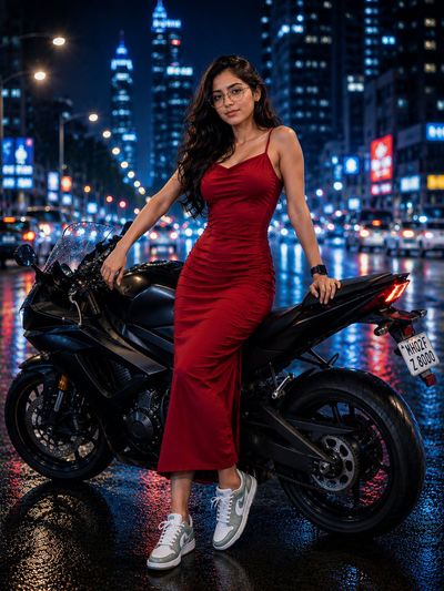 Dark-haired woman in red dress leans on motorcycle at night