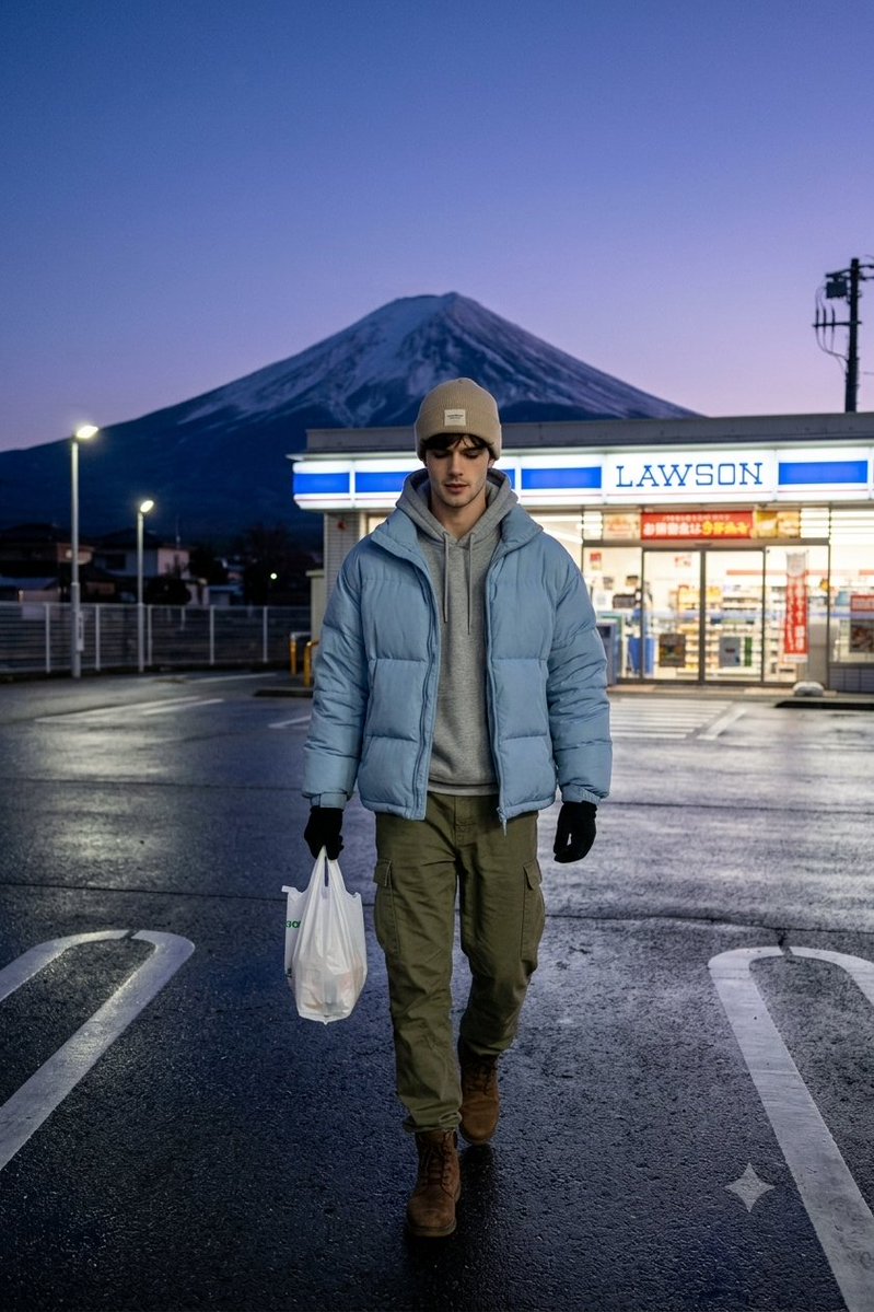 Man walks across a wet parking lot with Mount Fuji behind