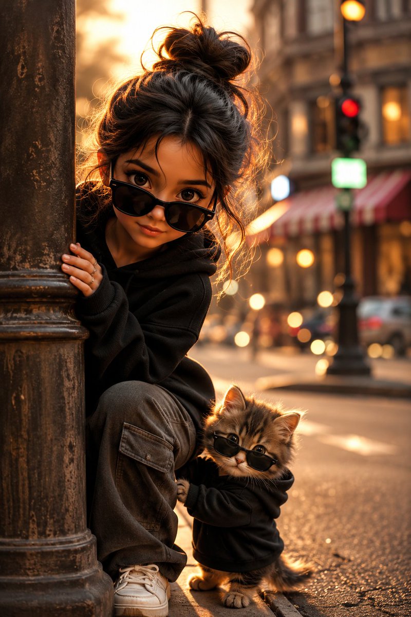 A stylish girl and her kitten play a secret agent game