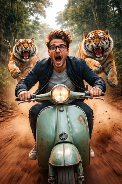 Thrilling Escape: Young Rider Speeds Past Leaping Bengal Tigers