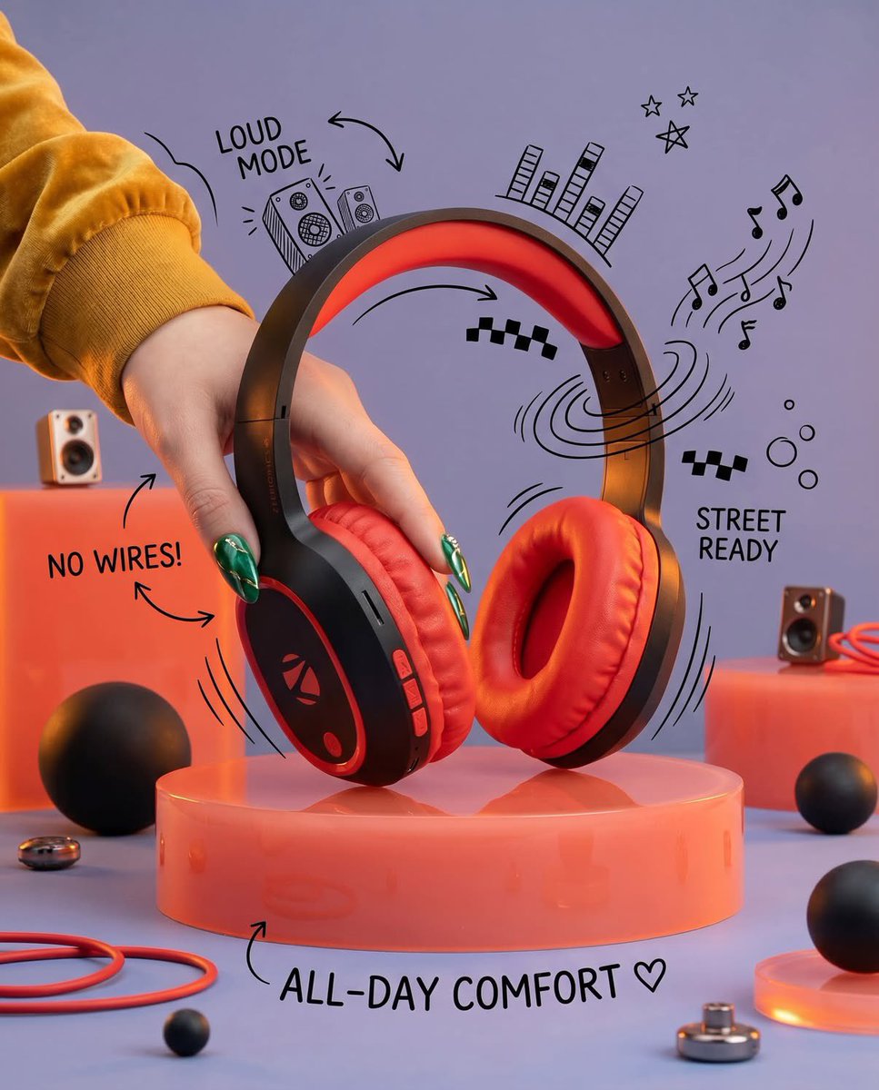 Vibrant cyan headphones float above a glossy podium with neon doodles